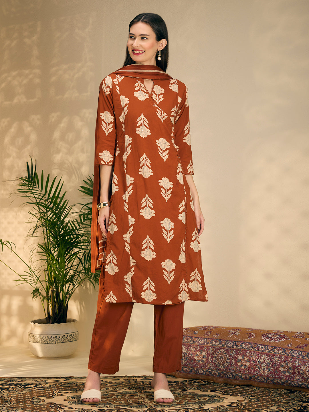 Ethnic Floral Printed Embroidered A-Line Kurta with Pant & Dupatta - Rust
