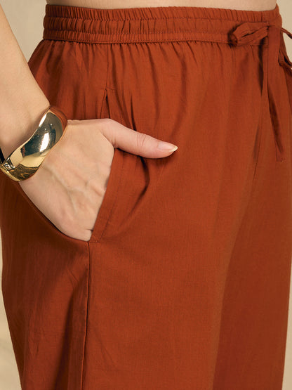 Ethnic Floral Printed Embroidered A-Line Kurta with Pant & Dupatta - Rust