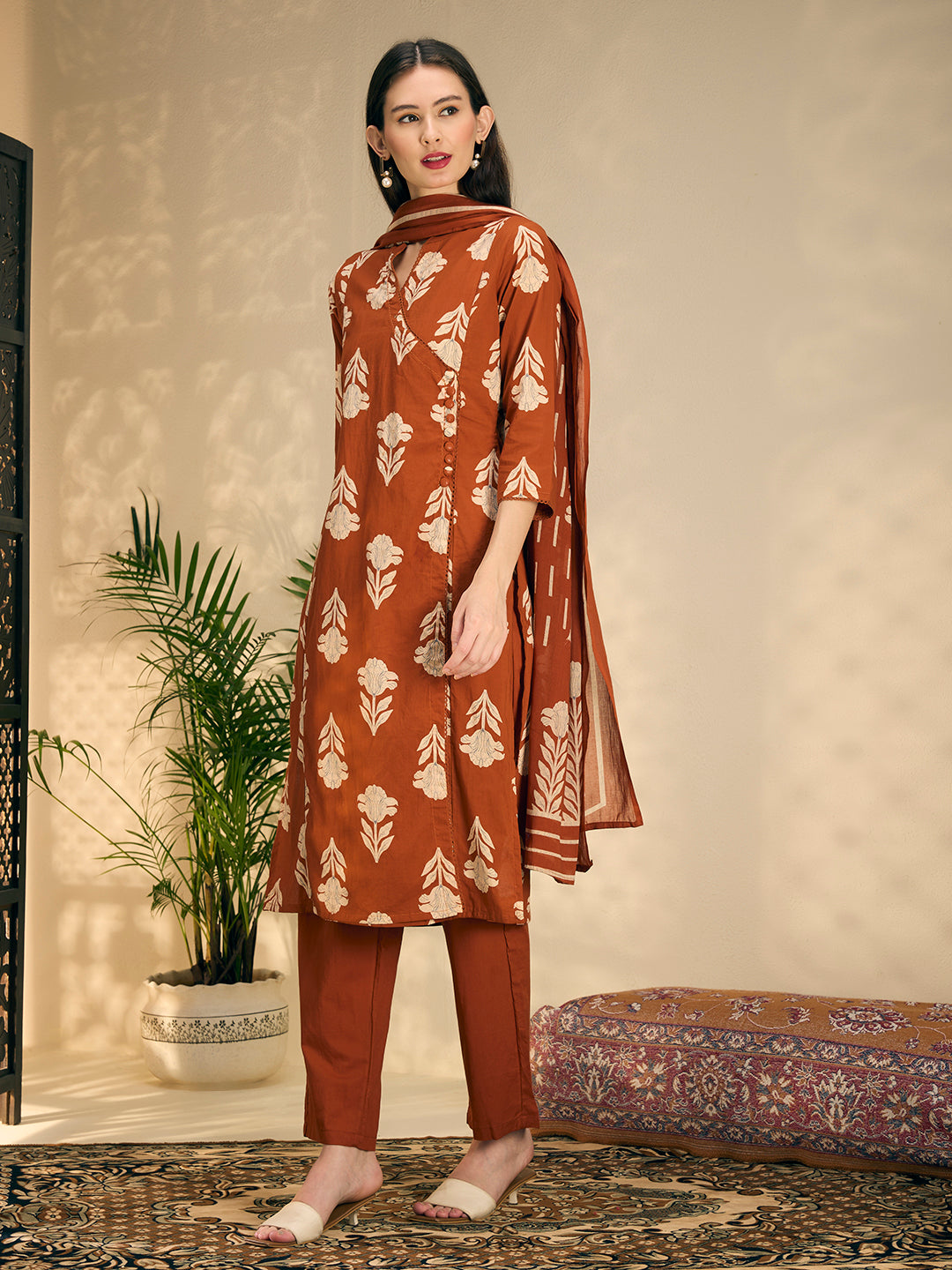 Ethnic Floral Printed Embroidered A-Line Kurta with Pant & Dupatta - Rust