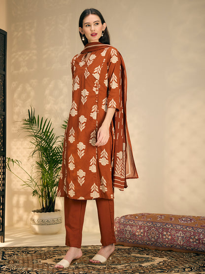 Ethnic Floral Printed Embroidered A-Line Kurta with Pant & Dupatta - Rust
