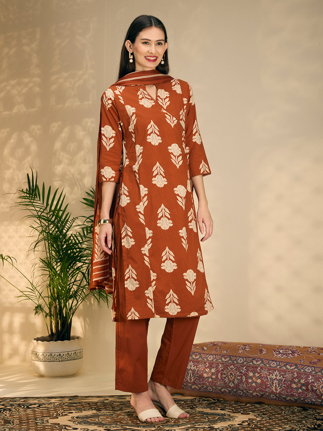 Ethnic Floral Printed Embroidered A-Line Kurta with Pant & Dupatta - Rust