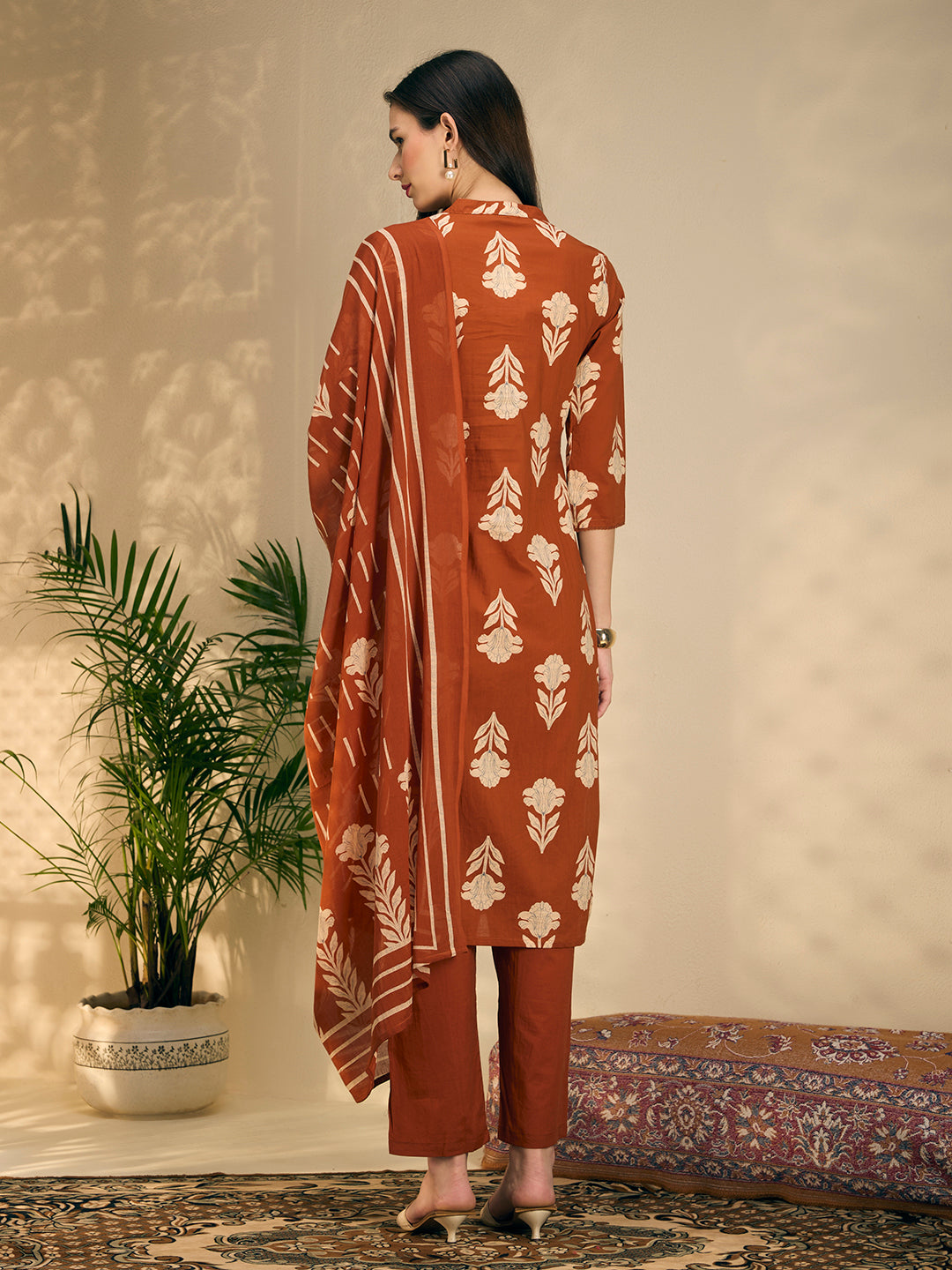 Ethnic Floral Printed Embroidered A-Line Kurta with Pant & Dupatta - Rust