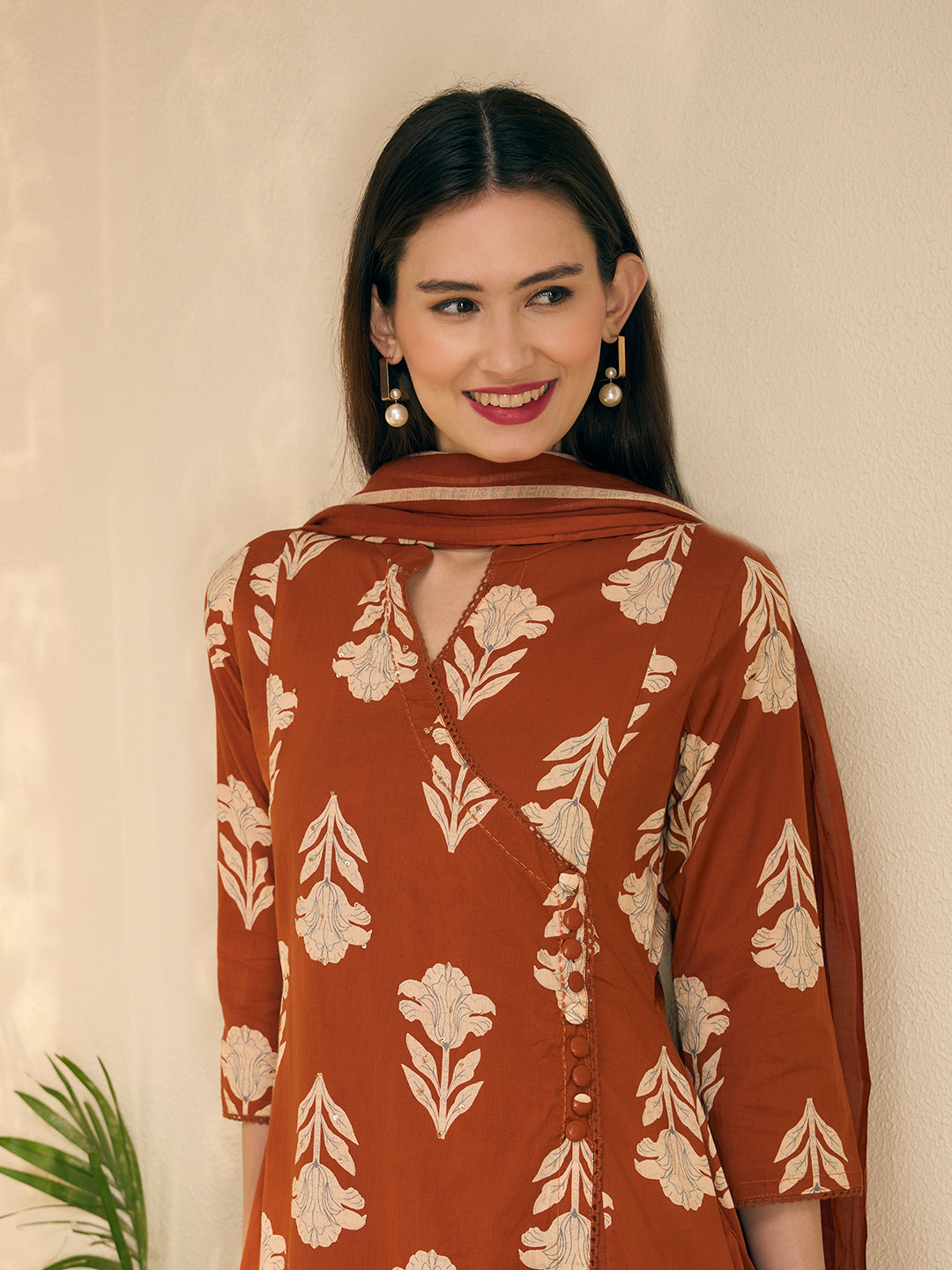 Ethnic Floral Printed Embroidered A-Line Kurta with Pant & Dupatta - Rust