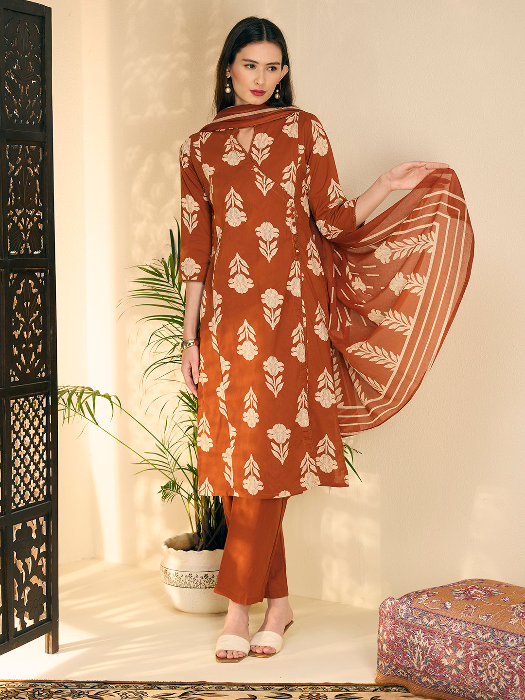 Ethnic Floral Printed Embroidered A-Line Kurta with Pant & Dupatta - Rust