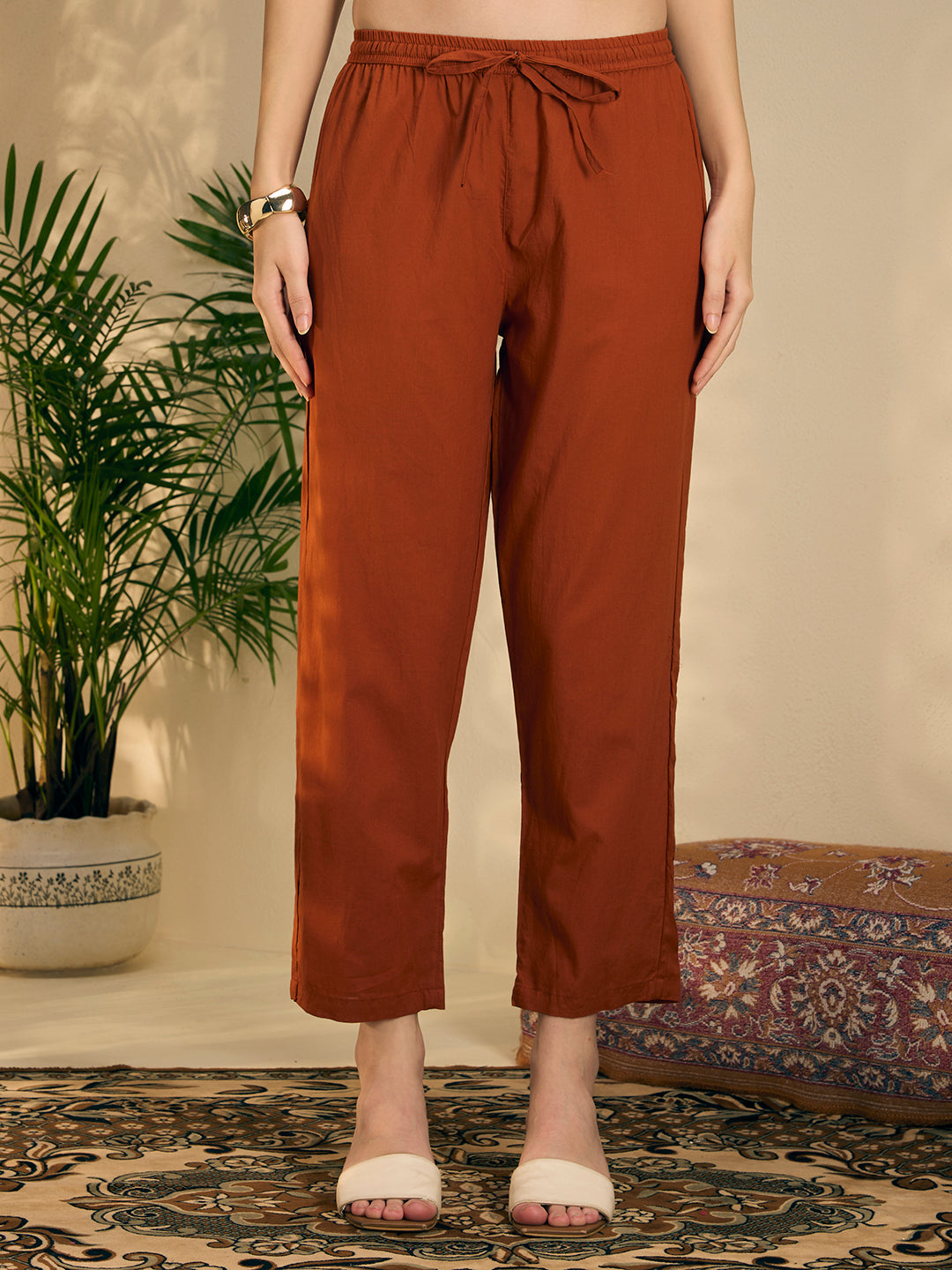 Ethnic Floral Printed Embroidered A-Line Kurta with Pant & Dupatta - Rust