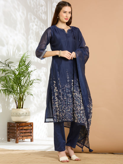 Solid Floral Hand Embroidered Straight Kurta with Pant & Dupatta - Navy Blue