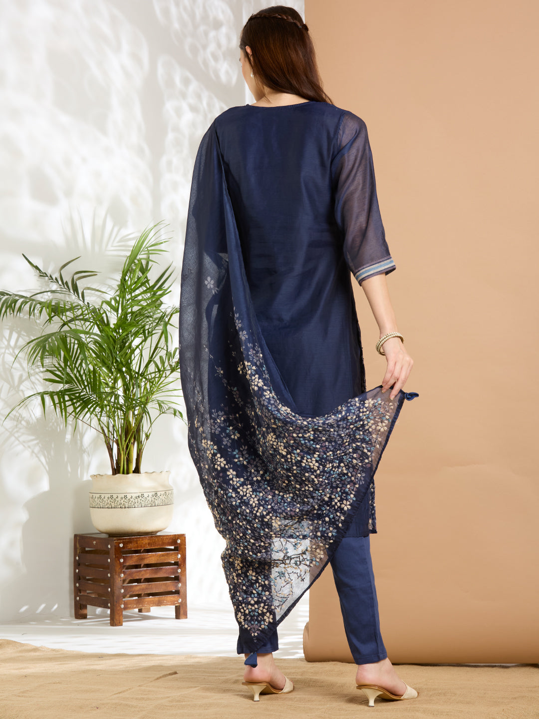 Solid Floral Hand Embroidered Straight Kurta with Pant & Dupatta - Navy Blue