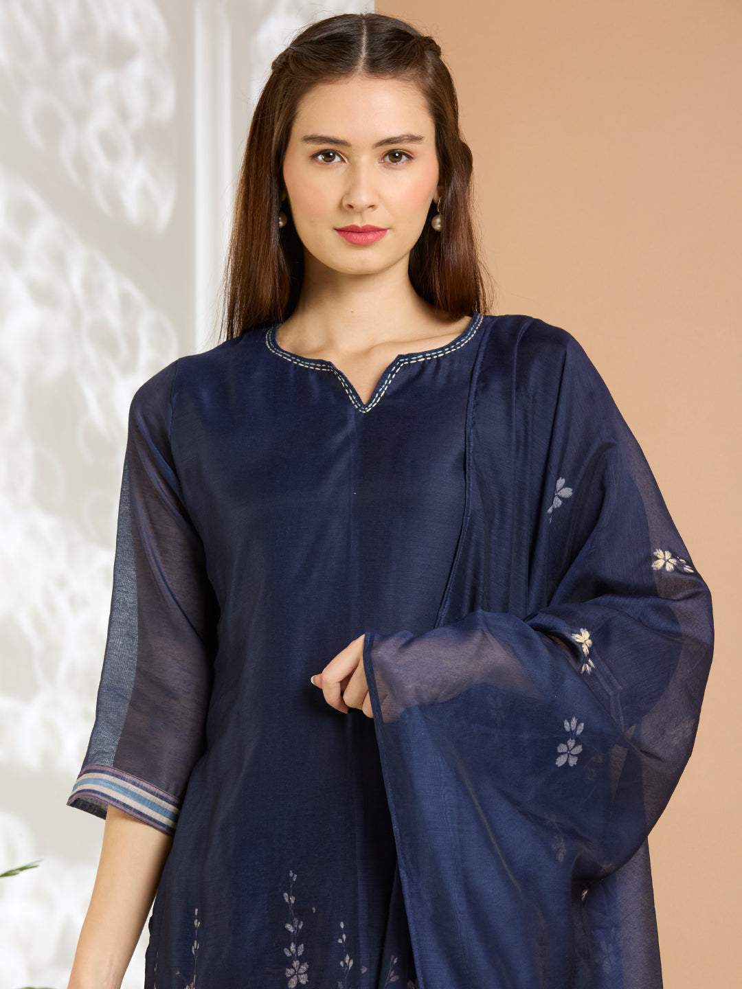 Solid Floral Hand Embroidered Straight Kurta with Pant & Dupatta - Navy Blue