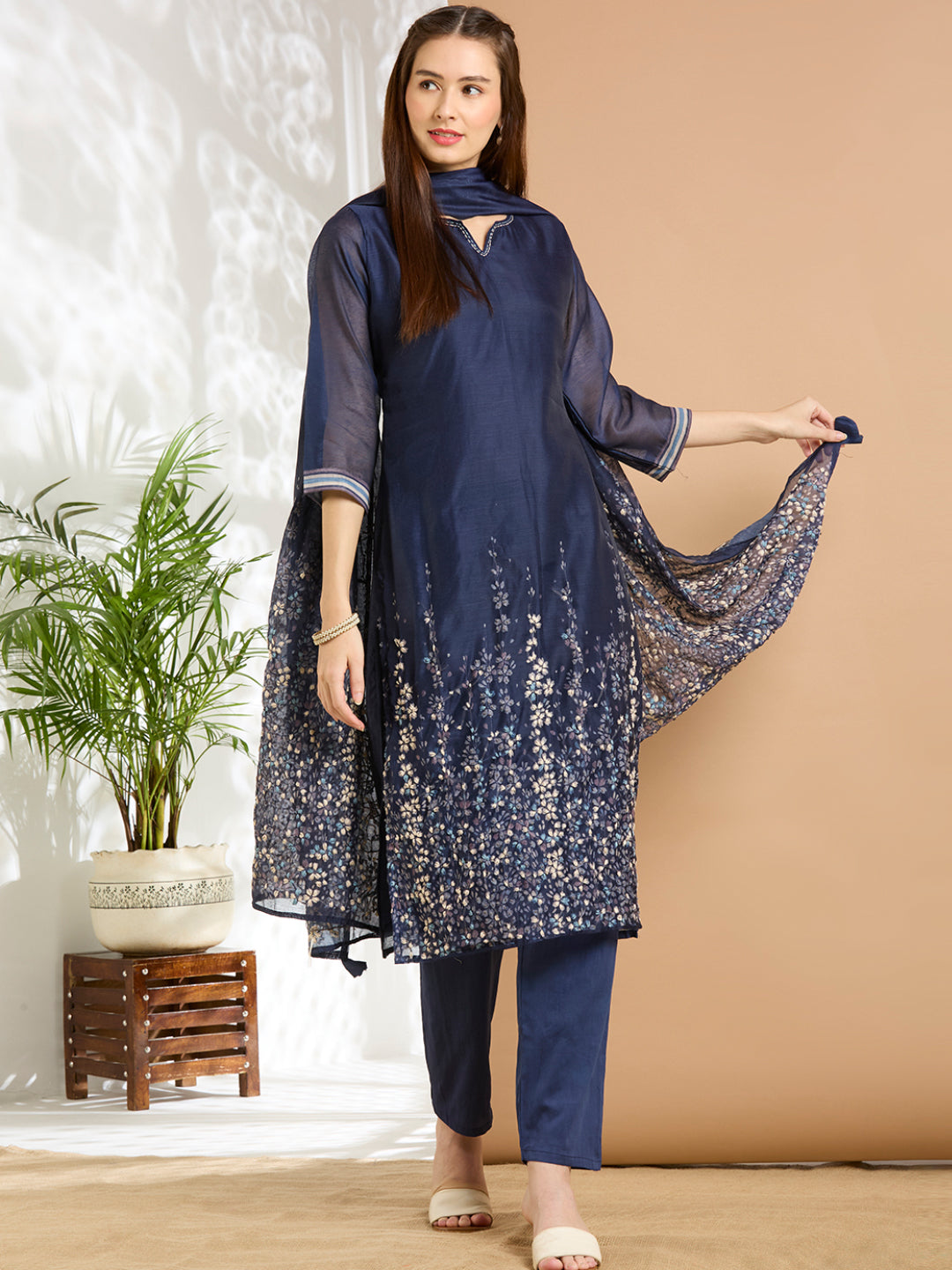 Solid Floral Hand Embroidered Straight Kurta with Pant & Dupatta - Navy Blue