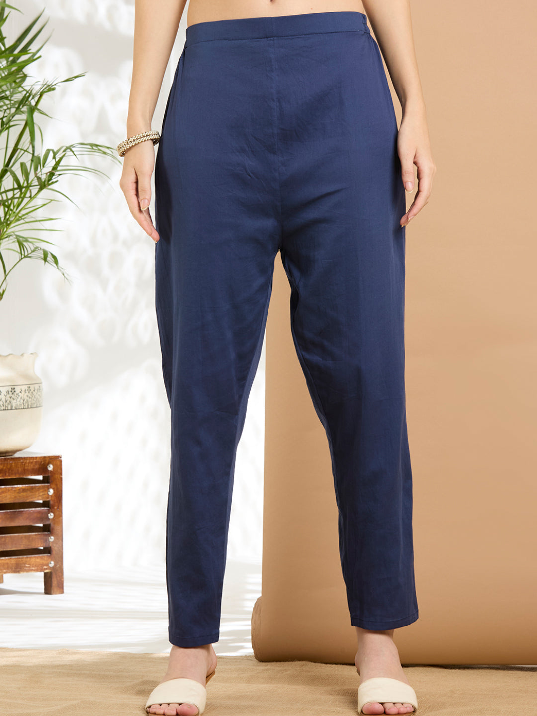 Solid Floral Hand Embroidered Straight Kurta with Pant & Dupatta - Navy Blue