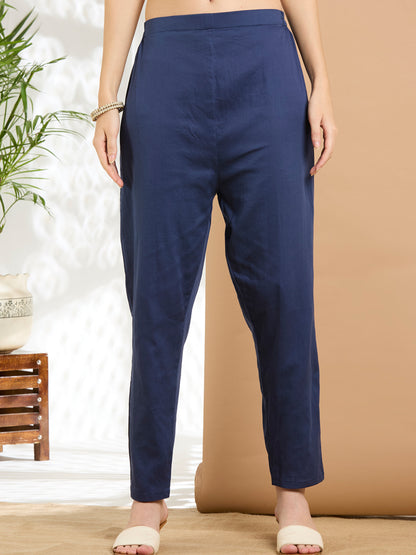 Solid Floral Hand Embroidered Straight Kurta with Pant & Dupatta - Navy Blue