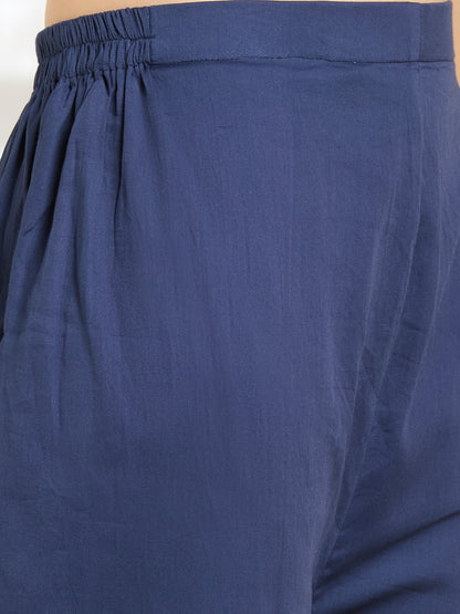 Solid Floral Hand Embroidered Straight Kurta with Pant & Dupatta - Navy Blue