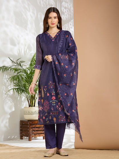 Floral Printed & Kantha Work Straight Kurta with Pant & Dupatta - Purple