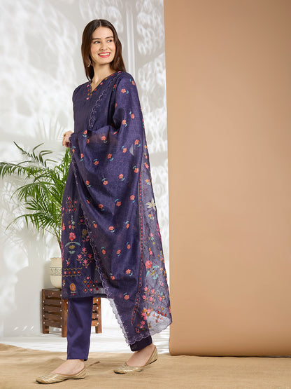 Floral Printed & Kantha Work Straight Kurta with Pant & Dupatta - Purple
