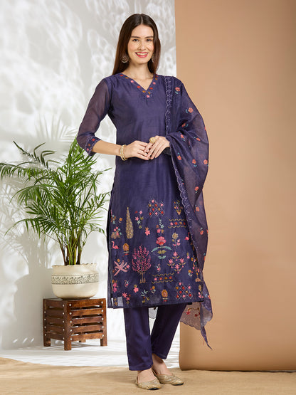 Floral Printed & Kantha Work Straight Kurta with Pant & Dupatta - Purple