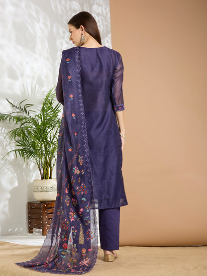 Floral Printed & Kantha Work Straight Kurta with Pant & Dupatta - Purple