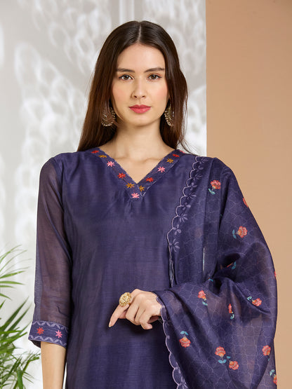 Floral Printed & Kantha Work Straight Kurta with Pant & Dupatta - Purple