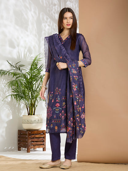 Floral Printed & Kantha Work Straight Kurta with Pant & Dupatta - Purple