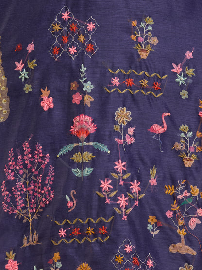 Floral Printed & Kantha Work Straight Kurta with Pant & Dupatta - Purple
