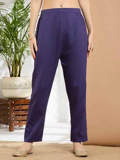 Floral Printed & Kantha Work Straight Kurta with Pant & Dupatta - Purple