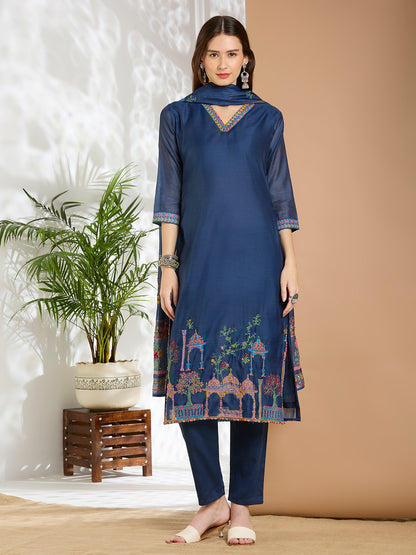 Floral Printed & Kantha Work Straight Kurta with Pant & Dupatta - Blue