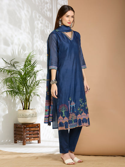 Floral Printed & Kantha Work Straight Kurta with Pant & Dupatta - Blue