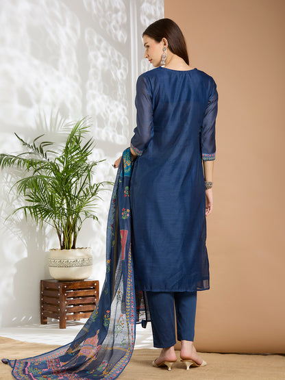 Floral Printed & Kantha Work Straight Kurta with Pant & Dupatta - Blue