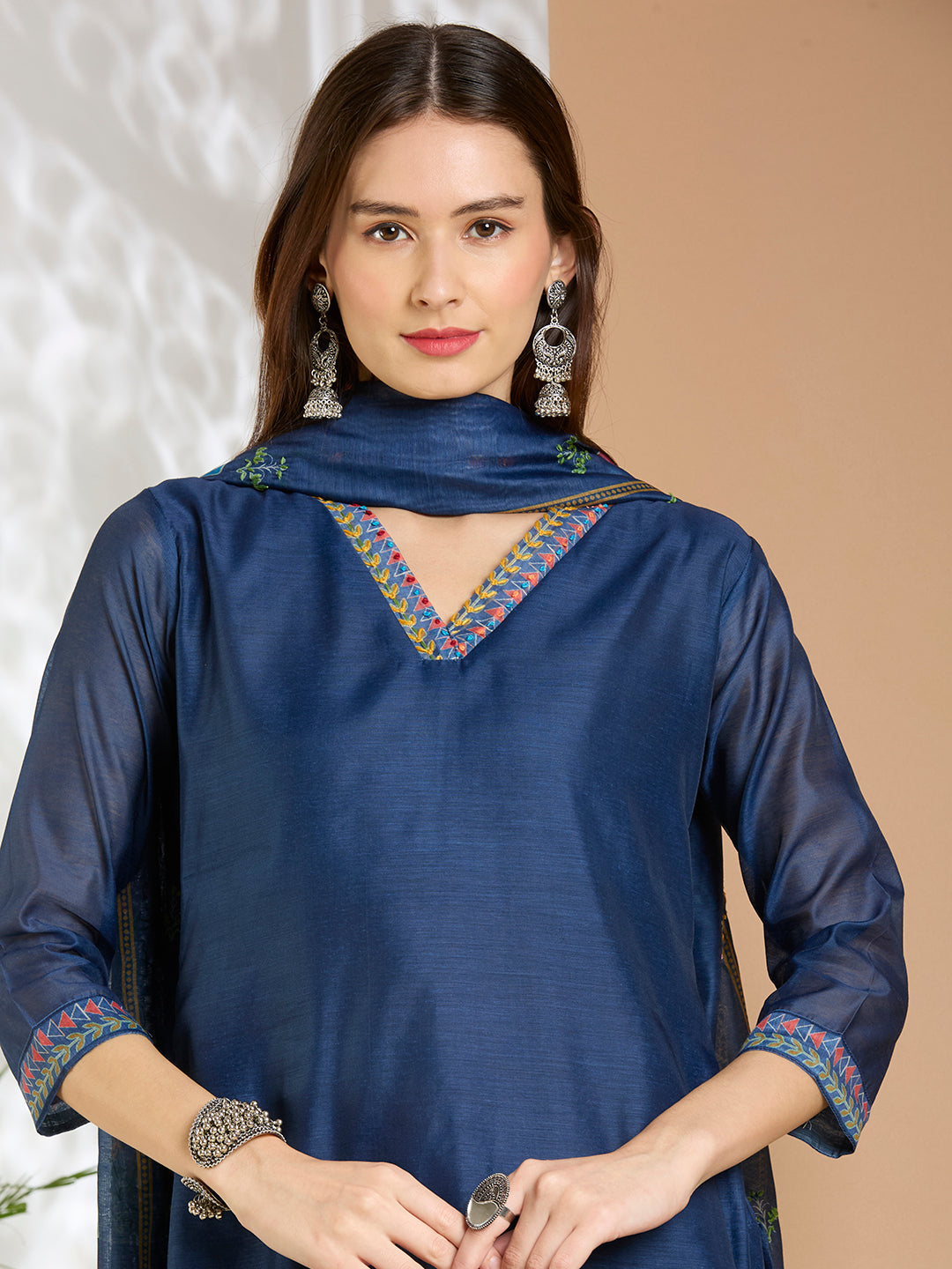 Floral Printed & Kantha Work Straight Kurta with Pant & Dupatta - Blue