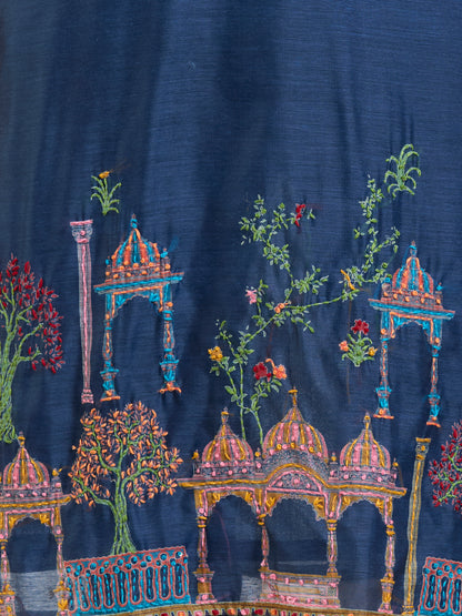 Floral Printed & Kantha Work Straight Kurta with Pant & Dupatta - Blue