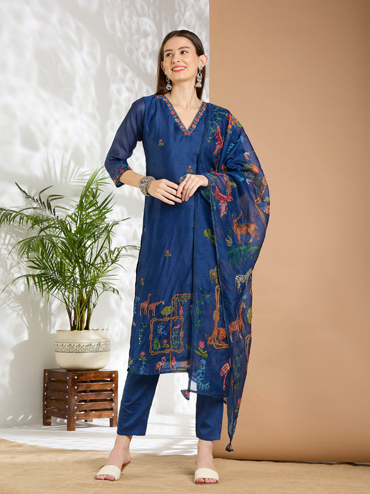 Animal Printed & Kantha Work Straight Kurta with Pant & Dupatta - Blue
