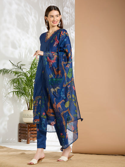 Animal Printed & Kantha Work Straight Kurta with Pant & Dupatta - Blue