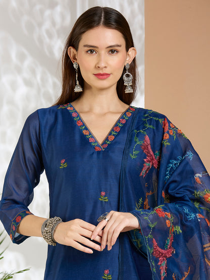 Animal Printed & Kantha Work Straight Kurta with Pant & Dupatta - Blue