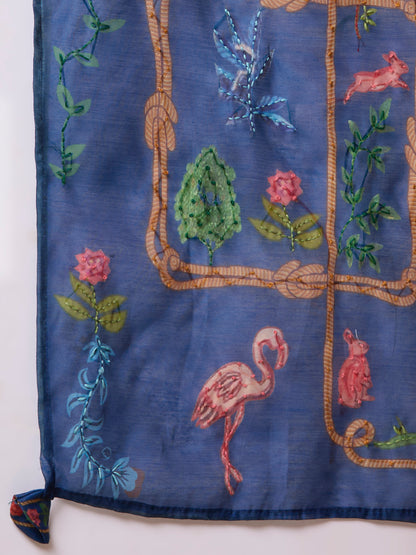 Animal Printed & Kantha Work Straight Kurta with Pant & Dupatta - Blue