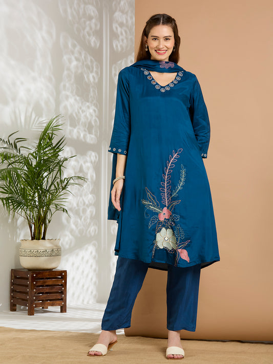 Solid Floral Embroidered A-Line Kurta with Pant & Dupatta - Navy Blue