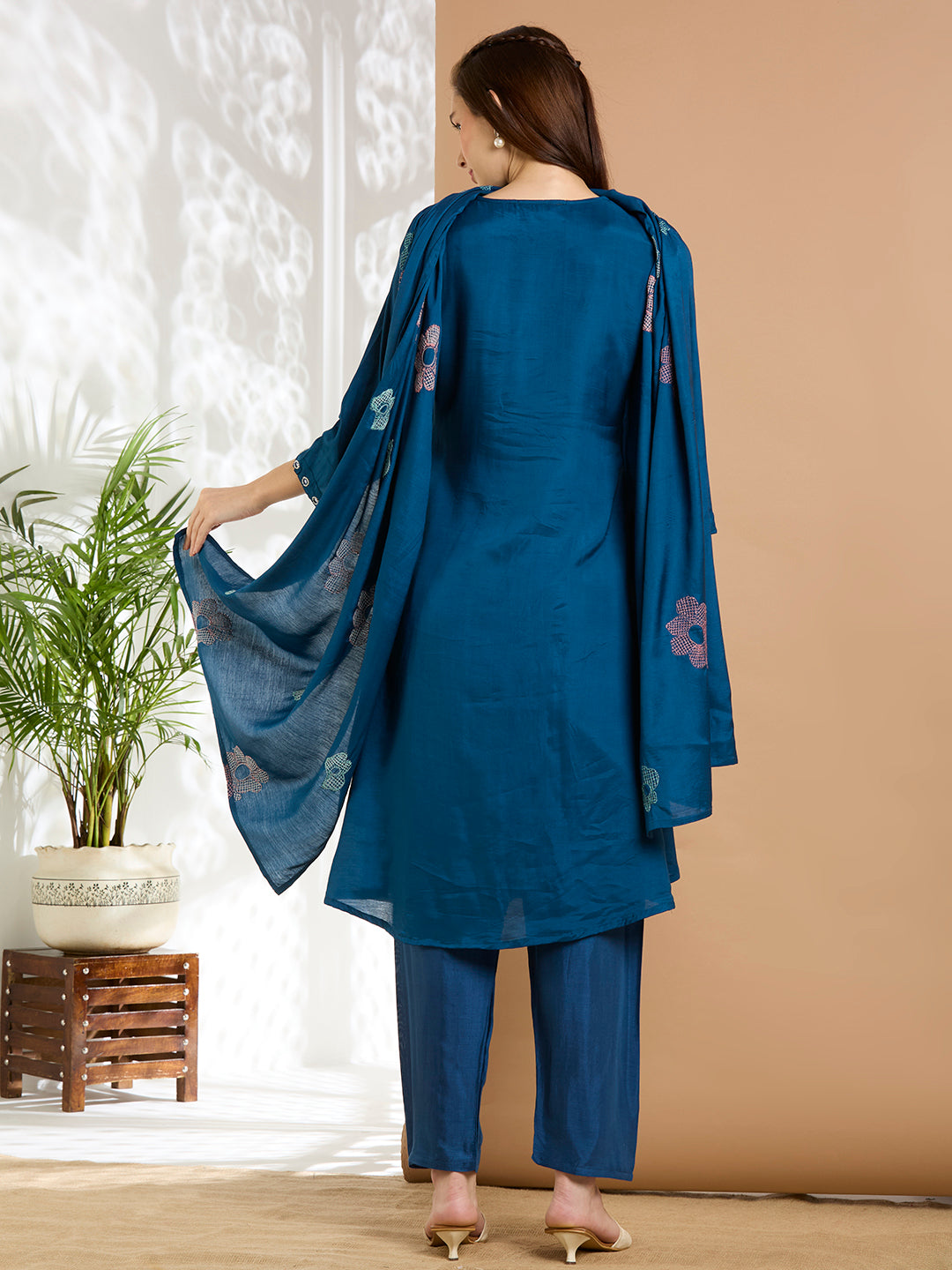 Solid Floral Embroidered A-Line Kurta with Pant & Dupatta - Navy Blue