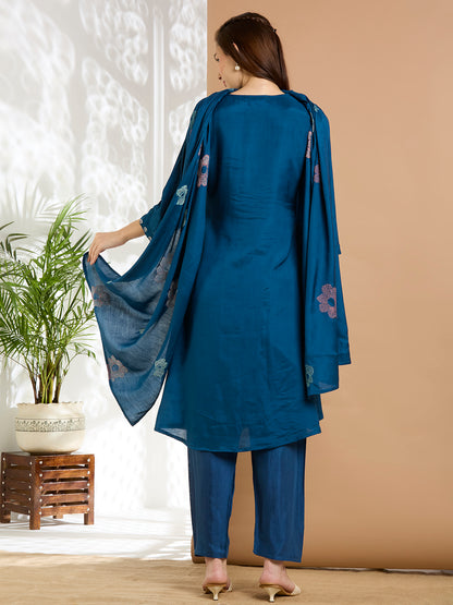 Solid Floral Embroidered A-Line Kurta with Pant & Dupatta - Navy Blue