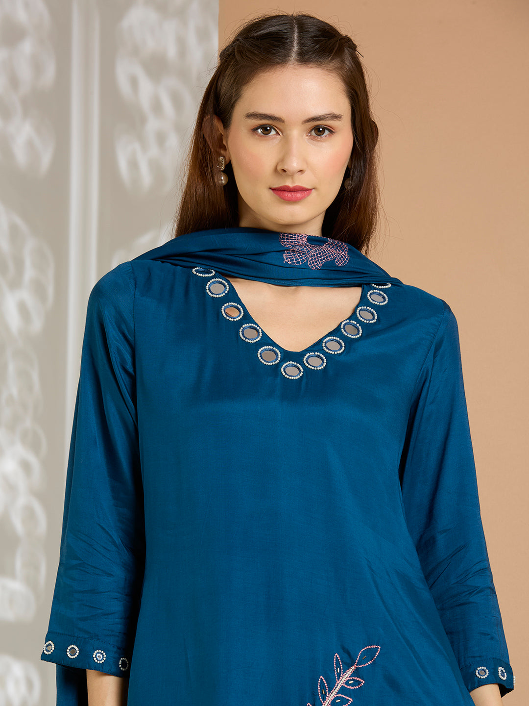 Solid Floral Embroidered A-Line Kurta with Pant & Dupatta - Navy Blue