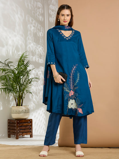 Solid Floral Embroidered A-Line Kurta with Pant & Dupatta - Navy Blue