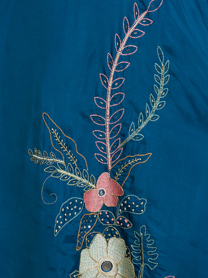 Solid Floral Embroidered A-Line Kurta with Pant & Dupatta - Navy Blue