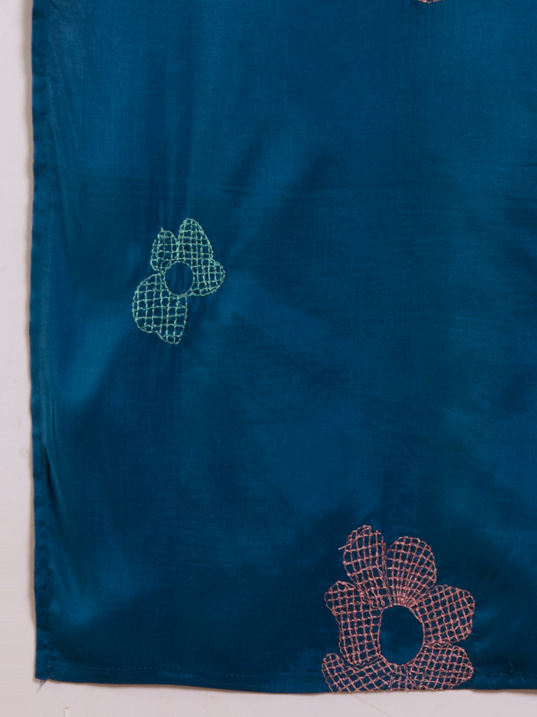 Solid Floral Embroidered A-Line Kurta with Pant & Dupatta - Navy Blue