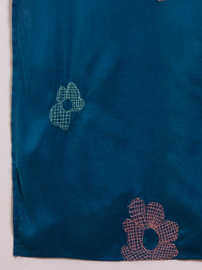 Solid Floral Embroidered A-Line Kurta with Pant & Dupatta - Navy Blue