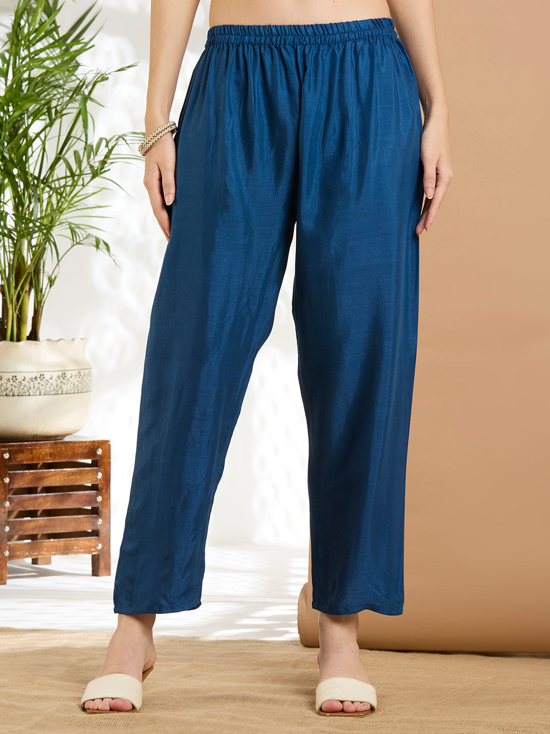 Solid Floral Embroidered A-Line Kurta with Pant & Dupatta - Navy Blue