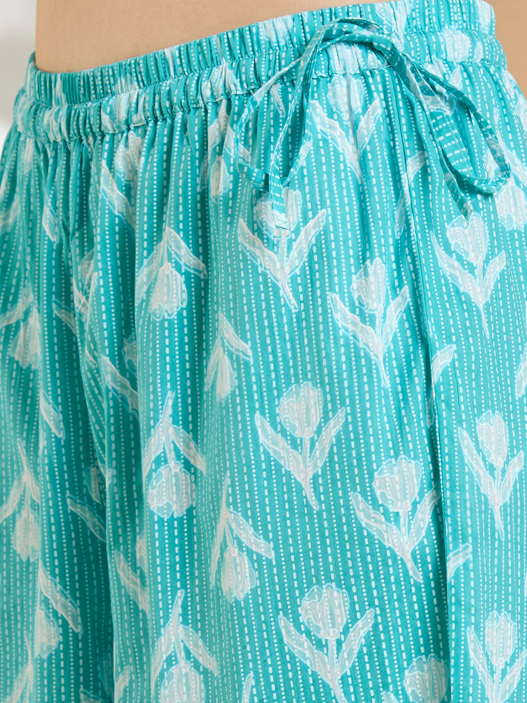 Ethnic Floral Printed Embroidered Straight Kurta with Palazzo & Dupatta - Turquoise Blue