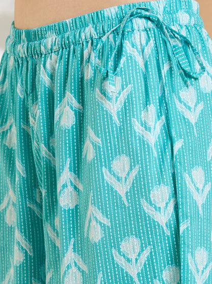Ethnic Floral Printed Embroidered Straight Kurta with Palazzo & Dupatta - Turquoise Blue