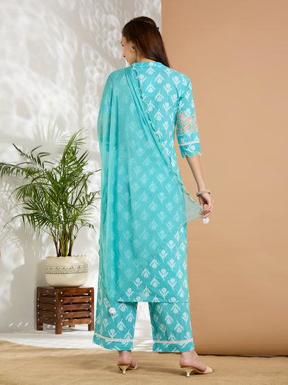 Ethnic Floral Printed Embroidered Straight Kurta with Palazzo & Dupatta - Turquoise Blue