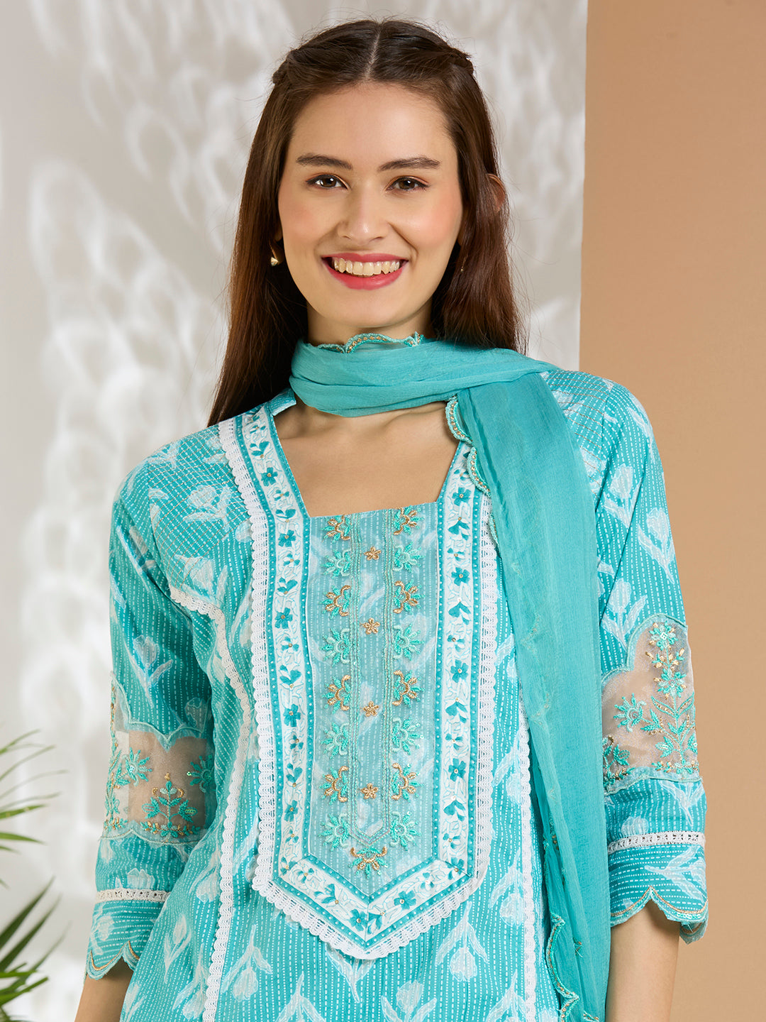 Ethnic Floral Printed Embroidered Straight Kurta with Palazzo & Dupatta - Turquoise Blue
