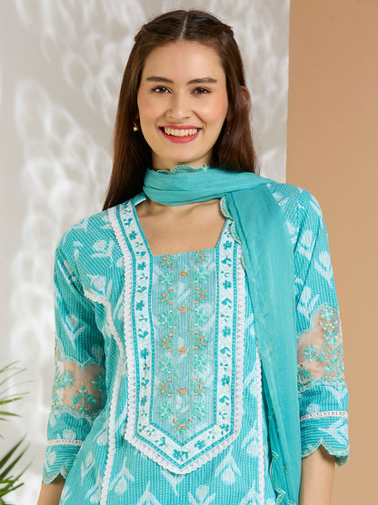 Ethnic Floral Printed Embroidered Straight Kurta with Palazzo & Dupatta - Turquoise Blue