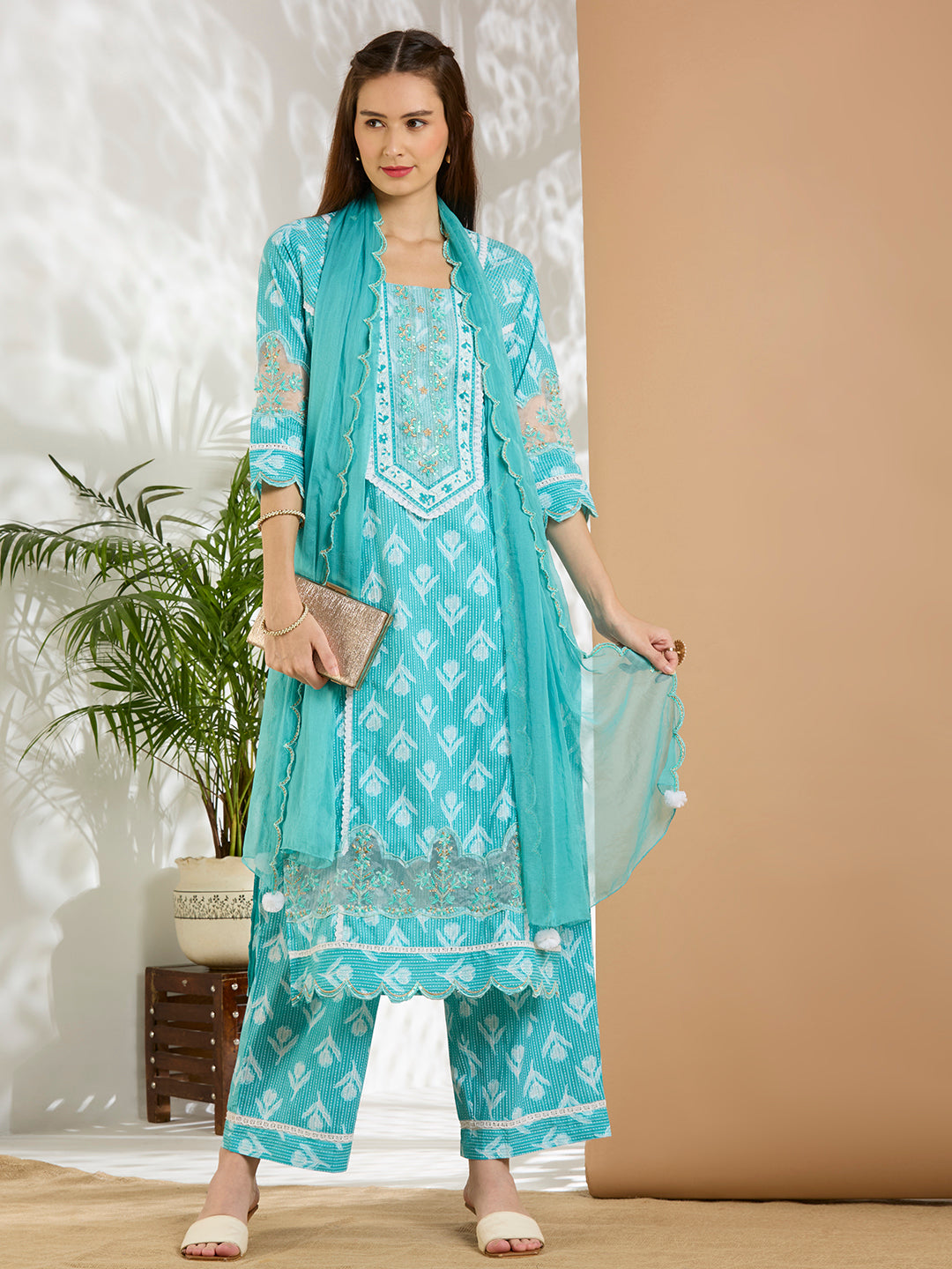 Ethnic Floral Printed Embroidered Straight Kurta with Palazzo & Dupatta - Turquoise Blue