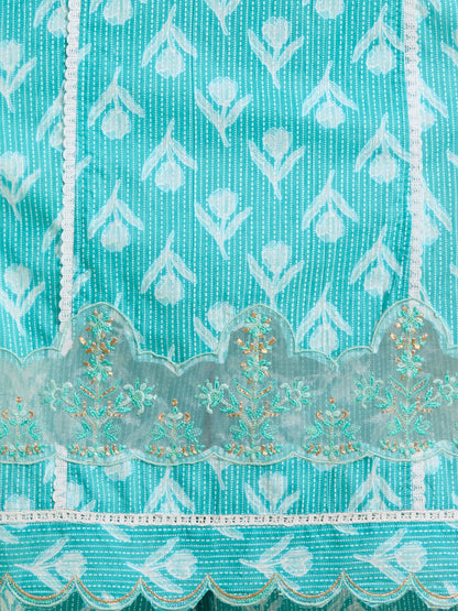 Ethnic Floral Printed Embroidered Straight Kurta with Palazzo & Dupatta - Turquoise Blue