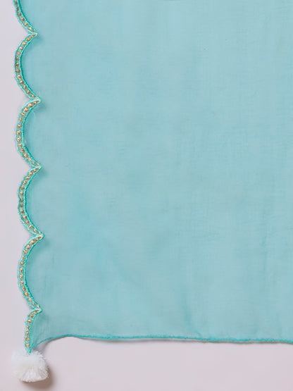Ethnic Floral Printed Embroidered Straight Kurta with Palazzo & Dupatta - Turquoise Blue
